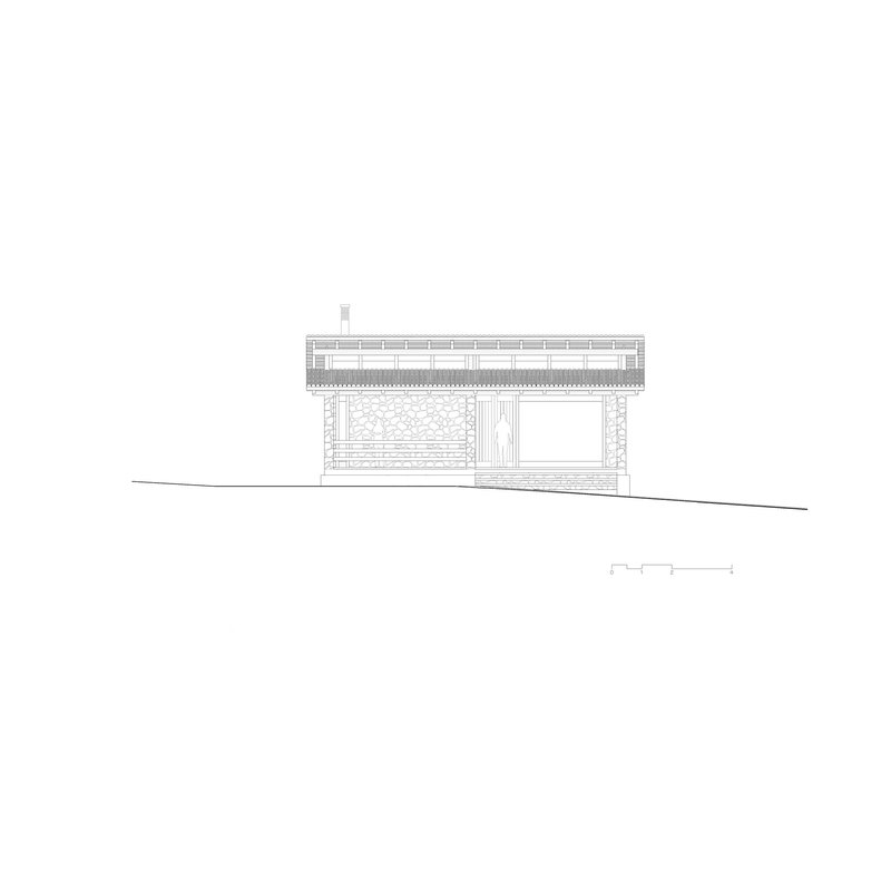 Elevation drawing of a single-story volume with stone cladding and horizontal ribbon window