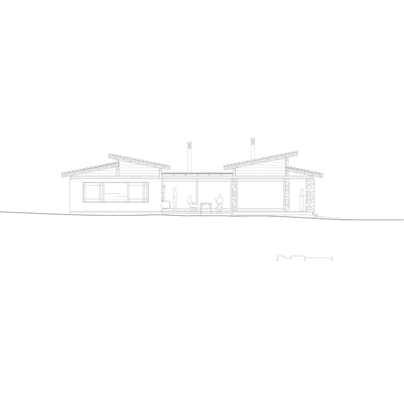 Elevation drawing depicting the entry facade with covered terrace and silhouetted figures