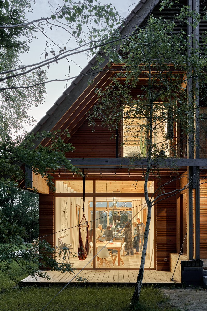 Glazed facade with horizontal wood cladding illuminated at dusk among birch trees and overhead wires