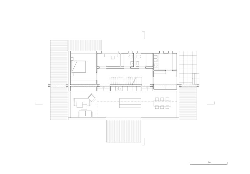 Floor plan drawing showing a linear layout with bedrooms and bathrooms flanking a central living and dining area