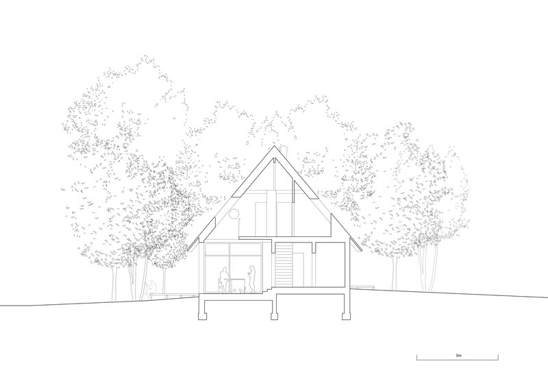 Section drawing showing the pitched roof structure elevated on columns among sketched trees