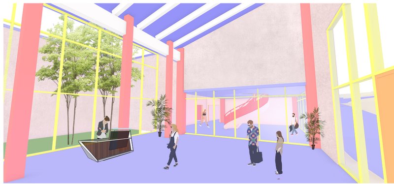 The museum entrance foyer welcomes visitors with abundant daylight, transparency, and direct visual connections to the landscape.
