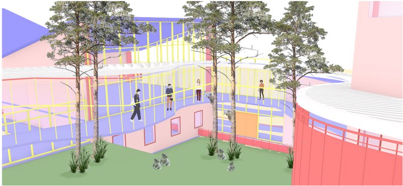 A central landscaped void brings together wildlife, visitors, and architecture in a shared ecological environment.