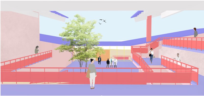 The medical block overlooks the central courtyard, fostering openness, healing, and interaction with nature.