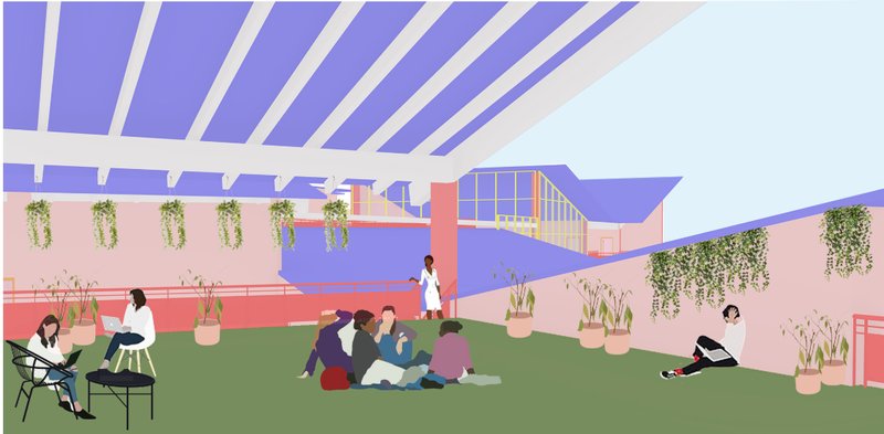 A recreational terrace offers restorative outdoor spaces while maintaining visual continuity across the rehabilitation centre.