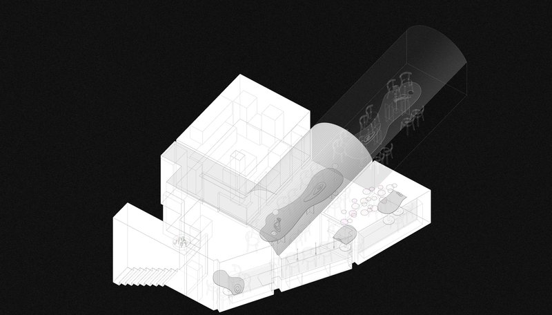 Exploded axonometric drawing showing layered interior volumes and circulation spaces within a house
