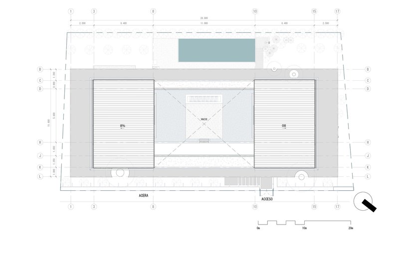 Roof plan drawing showing two flanking volumes with a central pool courtyard between them