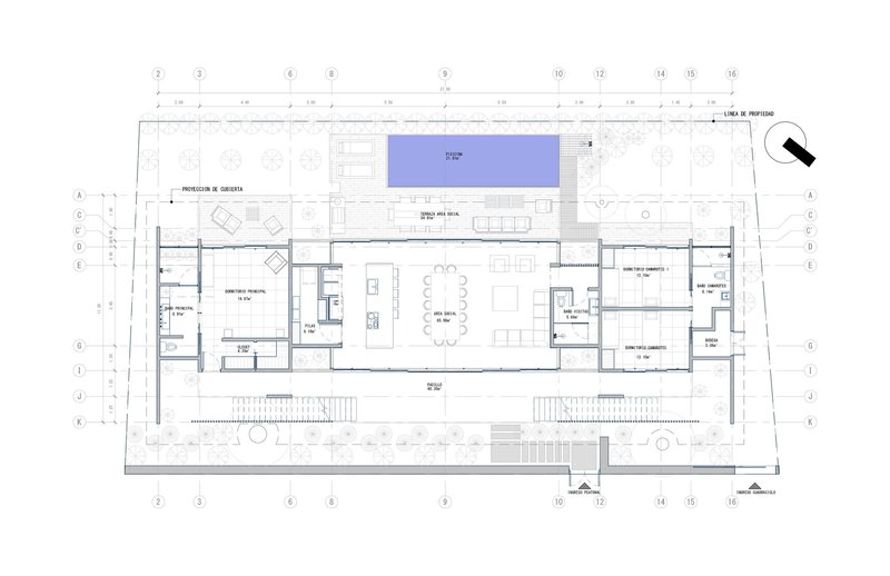 Floor plan drawing depicting open living spaces flanked by bedroom suites with a pool terrace above