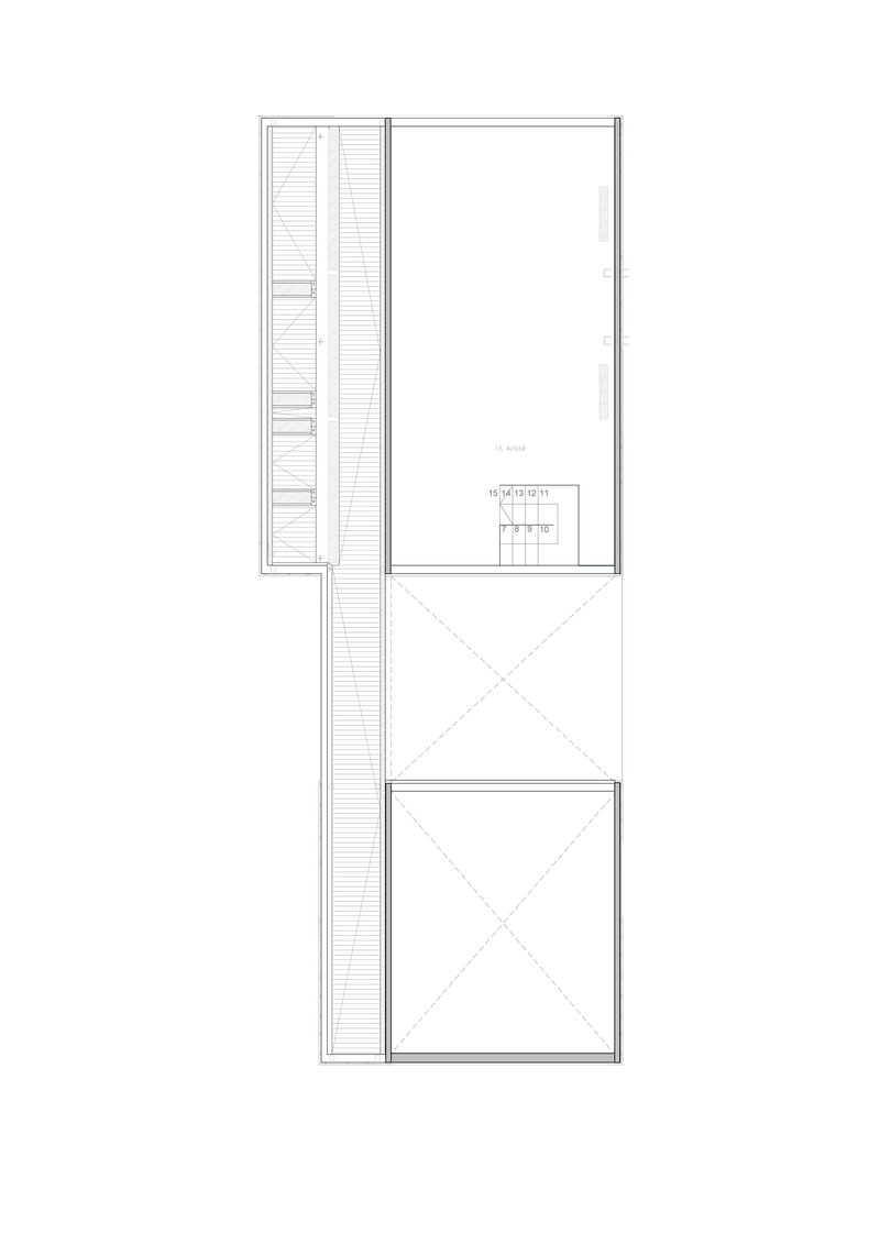 Floor plan drawing showing upper level with large open space and staircase accessing lower courtyard