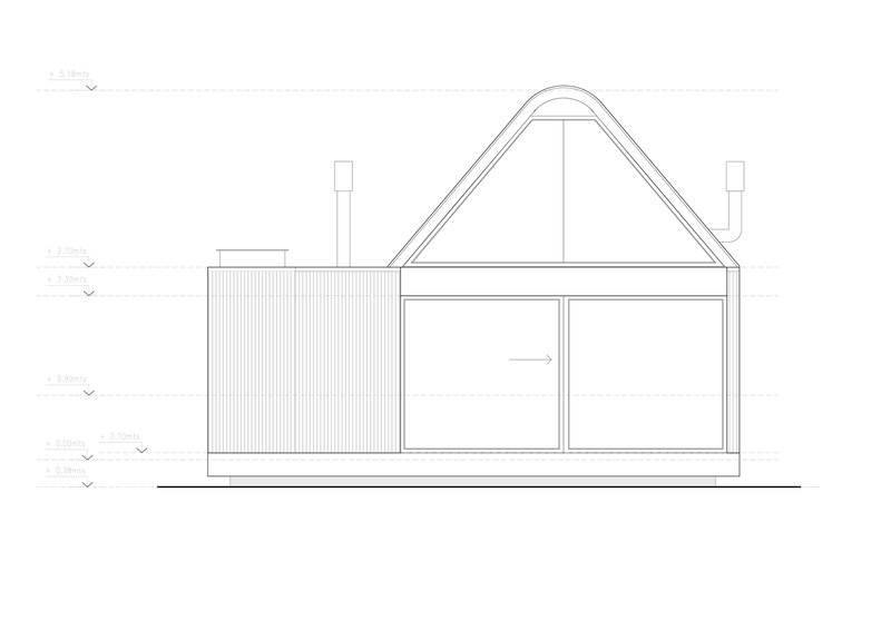 Section drawing showing corrugated wall panel, glazed openings, and arched double-layer roof structure