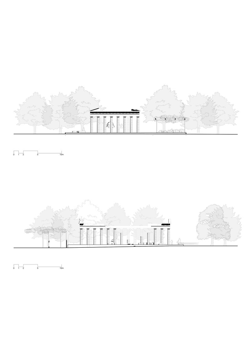 Elevation drawings showing the pavilion from two sides with tree canopies indicated in grey