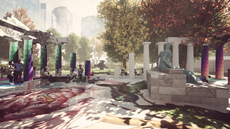 View through the colonnade toward a bronze sculpture on a plinth with dappled sunlight across pavement