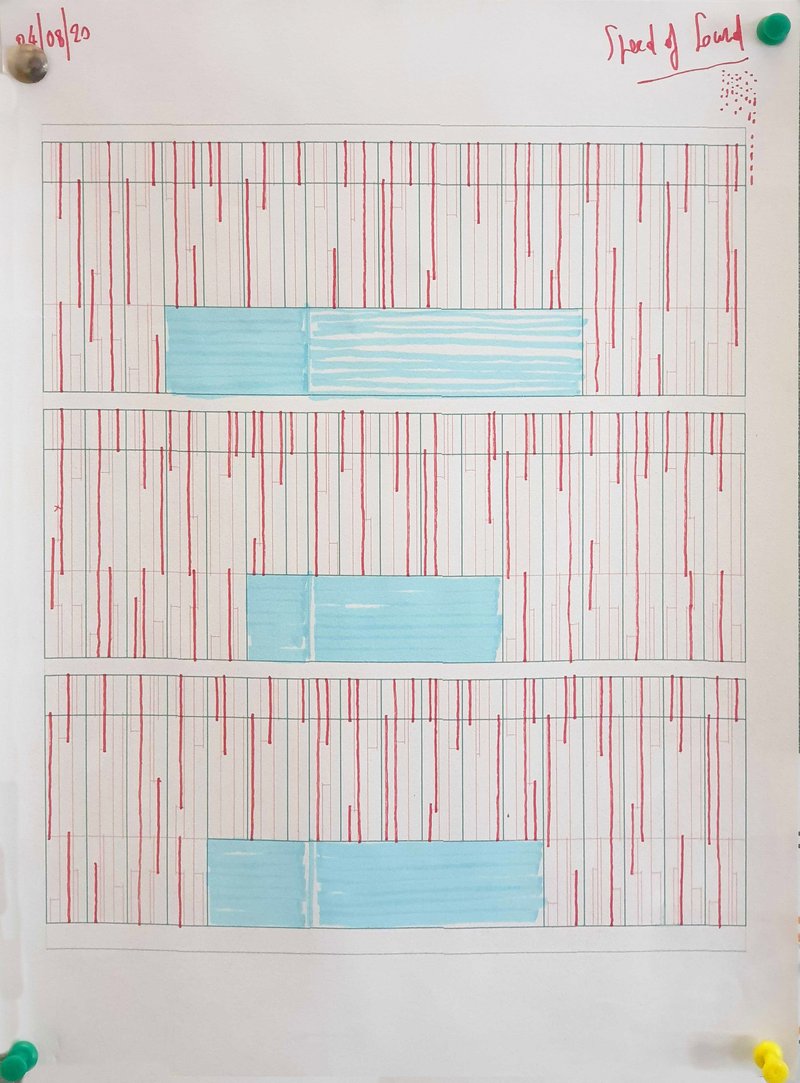 Hand-drawn facade study in red marker with blue-tinted window openings on graph paper