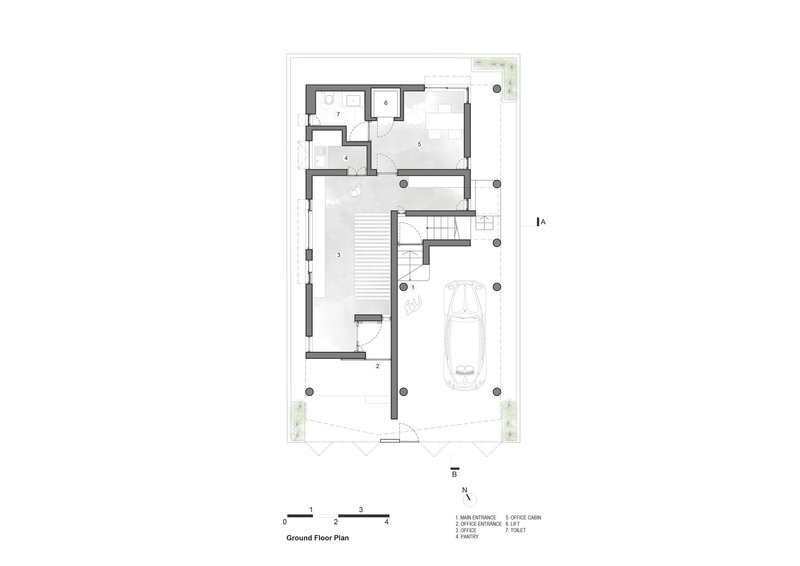 Ground floor plan drawing showing carport, entry stair, and service areas with landscaped perimeter