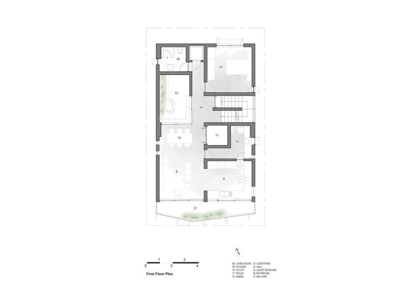 First floor plan drawing showing living areas, bedrooms, and central staircase with corner balcony