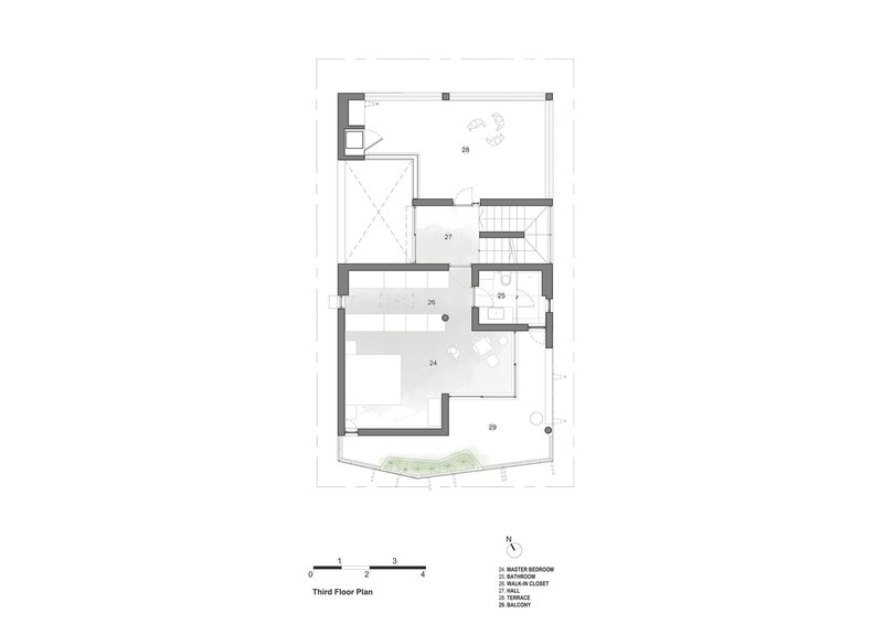 Third floor plan drawing showing the master bedroom and walk-in closet with a central staircase