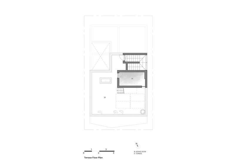 Terrace floor plan drawing showing the rooftop lounge room with service area and stair access