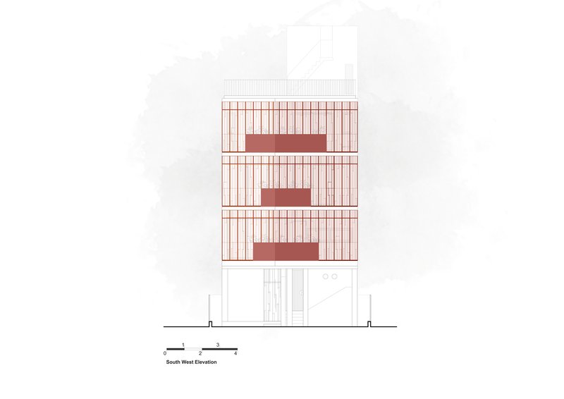 South west elevation drawing showing vertical slat facade with horizontal terracotta-toned inset panels across three floors