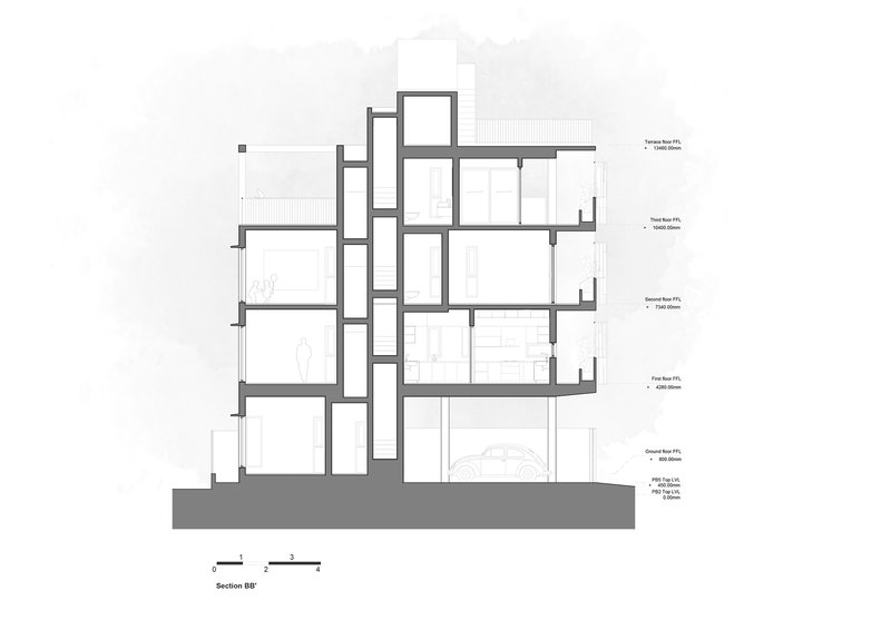 Section drawing revealing the staggered split-level floor plates across the five-story building volume
