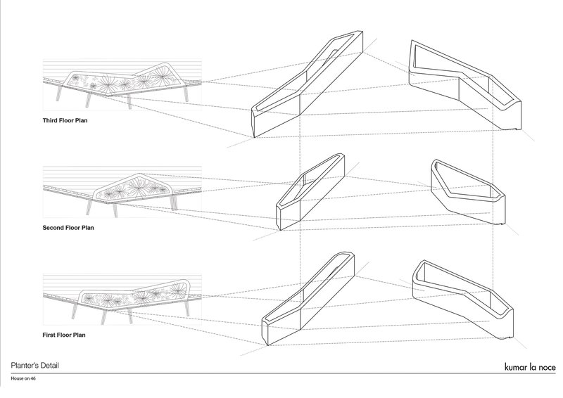 Floor plan drawing showing three levels with angled planters and window boxes