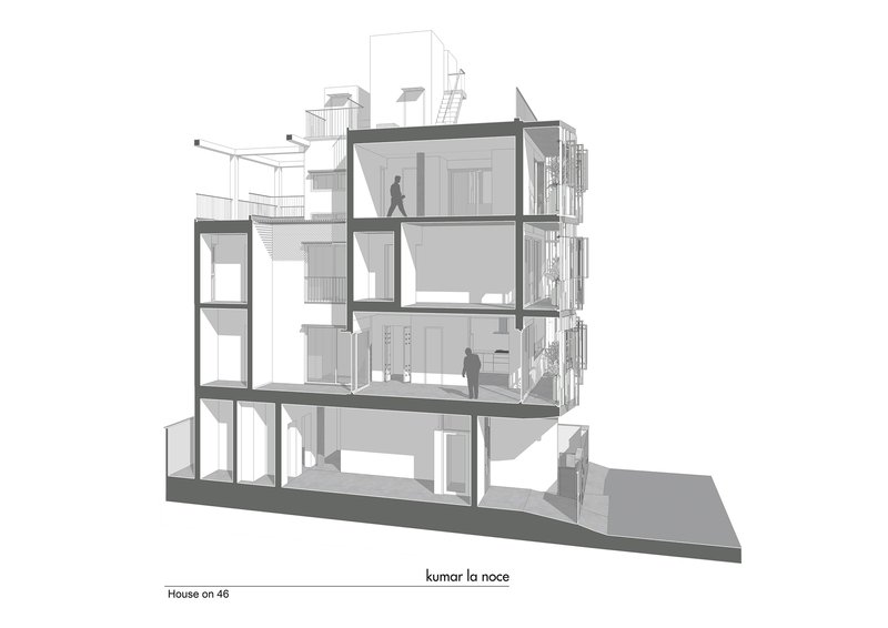 Section drawing showing interior spaces across four levels with figures occupying the floors