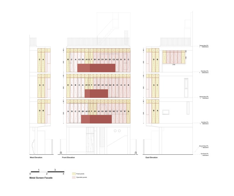 Elevation drawings showing metal screen facade with yellow fixed panels and pink operable panels