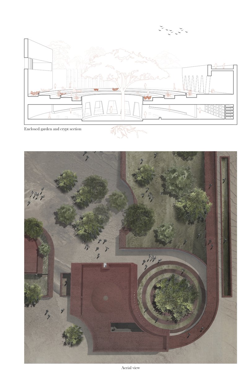 Section and aerial view showing the chapel’s layered relationship between garden, crypt, forest, and sacred circulation.
