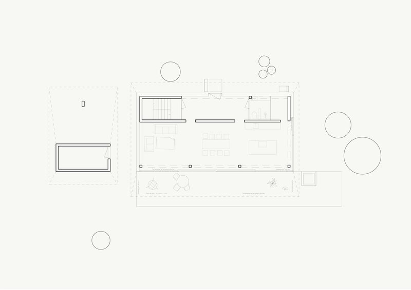 Floor plan drawing showing rectangular volume with perimeter terrace and two detached pool structures