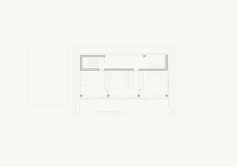 Floor plan drawing showing rectangular volumes with stairs and an adjacent outdoor terrace