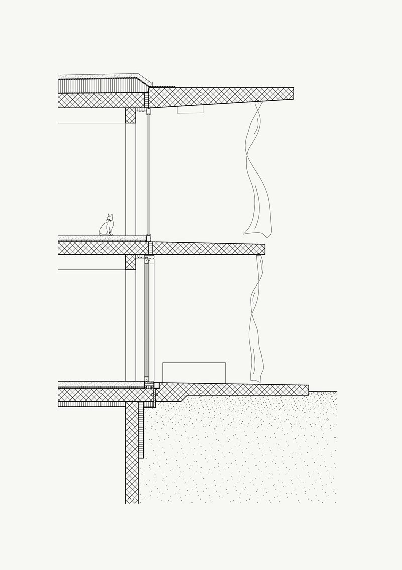 Detail section drawing of three-story facade assembly with floor slabs and insulated panels