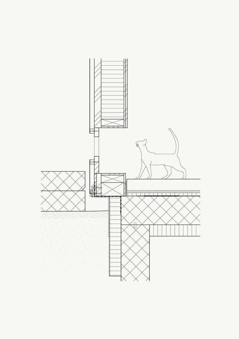 Detail section drawing of balcony edge with railing and cat figure for scale