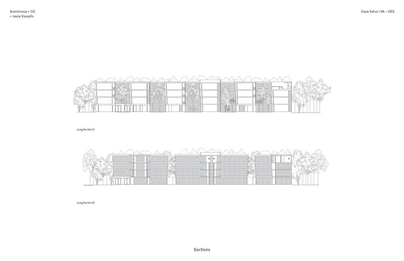 Long section drawings revealing the interior floor plates and stair cores within the residential volumes
