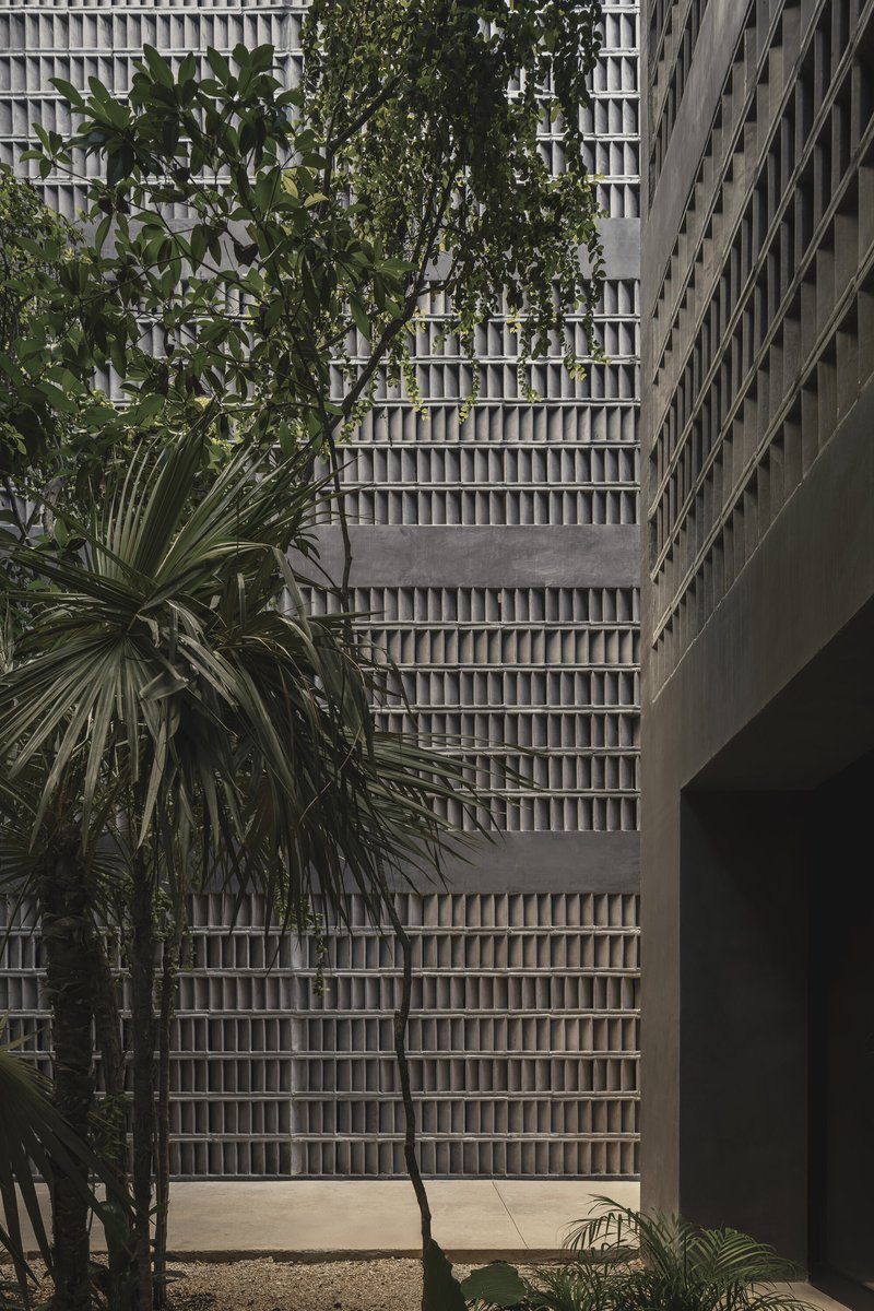 Courtyard view of the gridded concrete screen wall with palms and tropical plantings