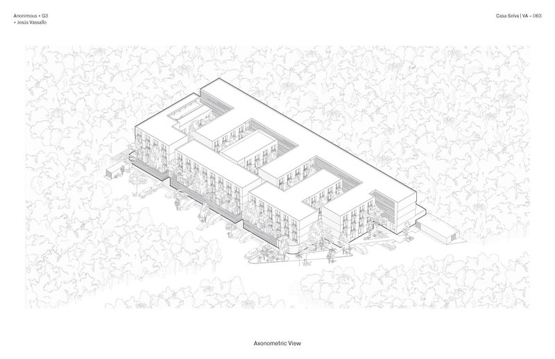 Axonometric drawing showing a multi-winged building complex with central courtyards and surrounding landscape