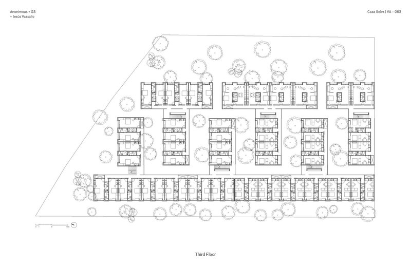 Third floor plan depicting residential modules organized around courtyard voids with scattered tree symbols
