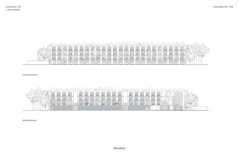 Elevation drawings of the south and north facades showing four-story residential blocks flanked by mature trees