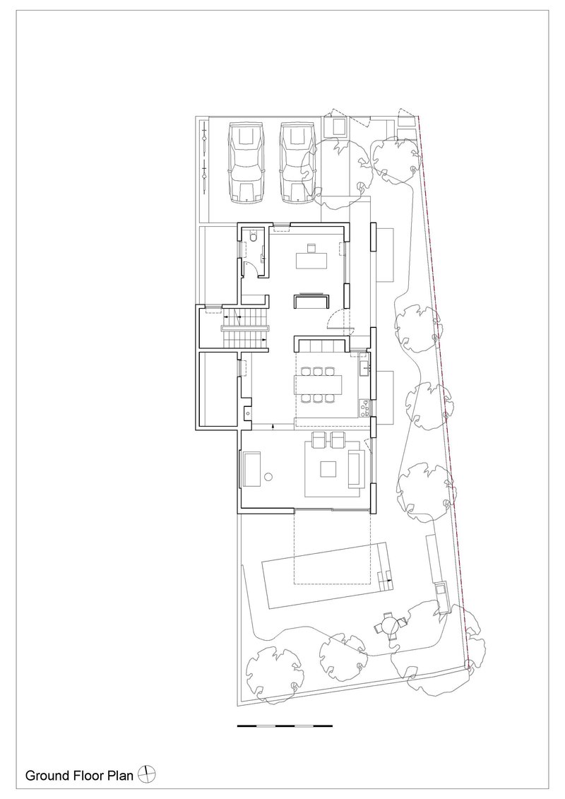 Ground floor plan drawing showing garage, living areas and garden with tree canopies