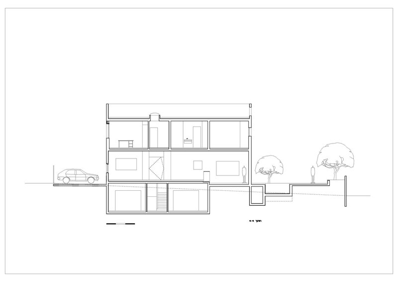 Section drawing showing three levels with central staircase, a parked car and adjacent trees