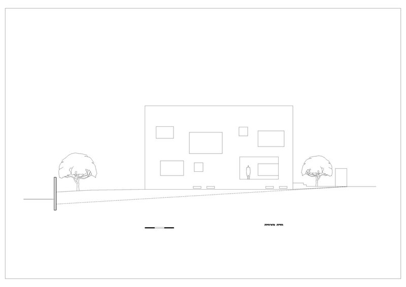 Elevation drawing showing facade with scattered window openings and two trees on grade