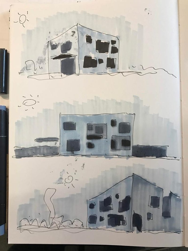 Watercolor elevation sketches depicting three facade variations with window openings and landscape elements