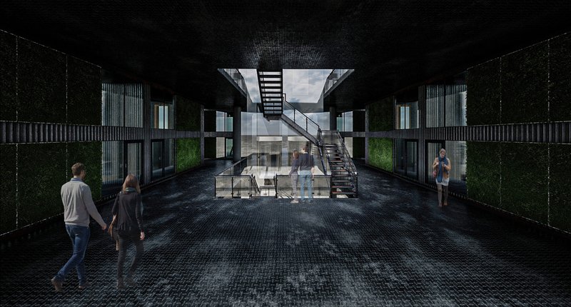 Interior circulation spaces combine industrial structure with ecological surfaces, creating immersive communal environments above the ocean.
