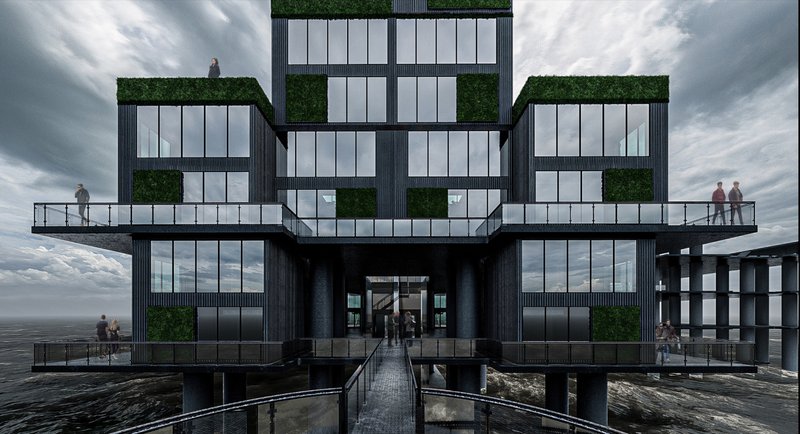 The floating residential platform merges panoramic ocean views, green façades, and modular architecture into a resilient marine habitat.