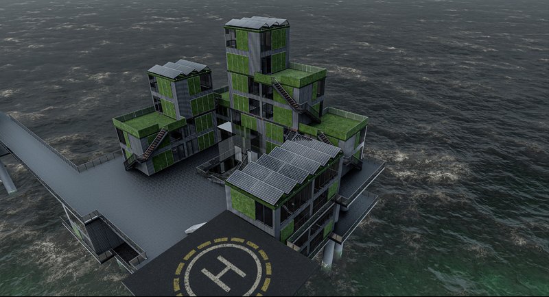 Solar-integrated modular units demonstrate sustainable offshore living through adaptive reuse architecture and renewable energy systems.