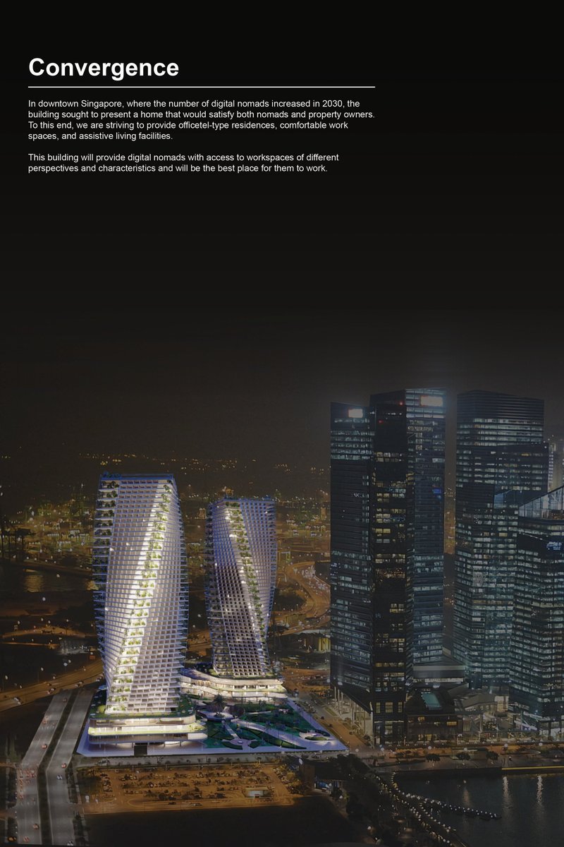 Illuminated against the Singapore skyline, Convergence envisions the future of mixed-use architecture for digital nomads.
