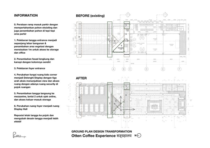 Ground floor plan drawing comparing existing layout with proposed transformation showing entry ramp and interior zones