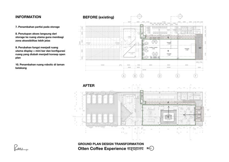 Ground floor plan drawing showing before and after configurations with parking area and interior spatial reorganization