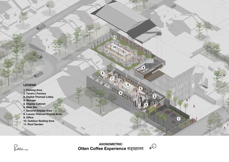 Axonometric drawing of the full building complex with numbered interior zones and surrounding street trees