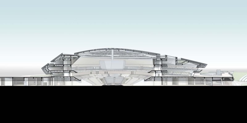 Section drawing revealing the stacked interior levels beneath the cantilevered roof canopy