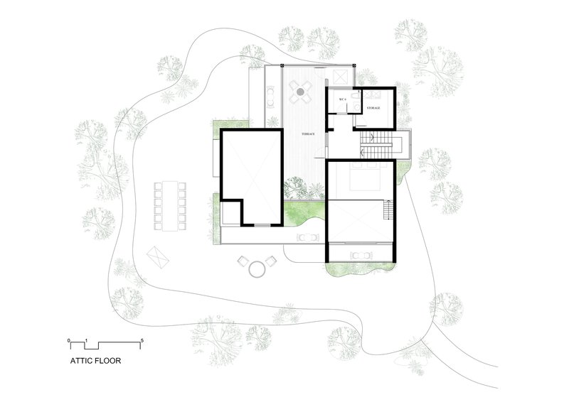 Attic floor plan drawing showing bedroom suite and storage zones with surrounding tree canopy illustrated