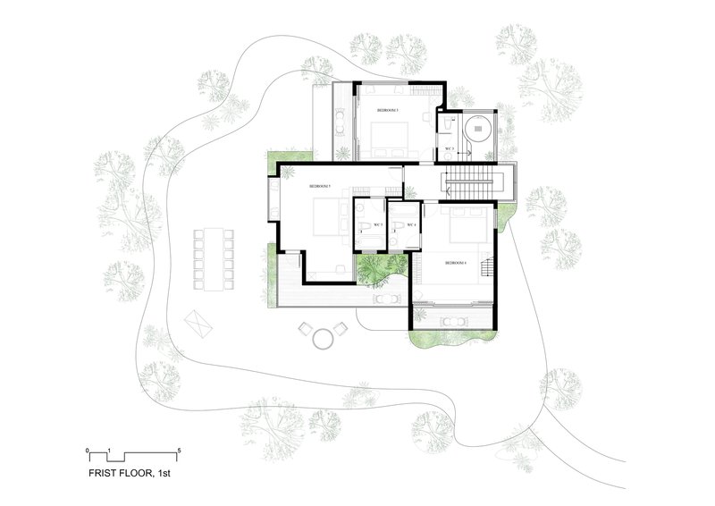 First floor plan drawing showing bedroom wing with bathrooms and circulation core